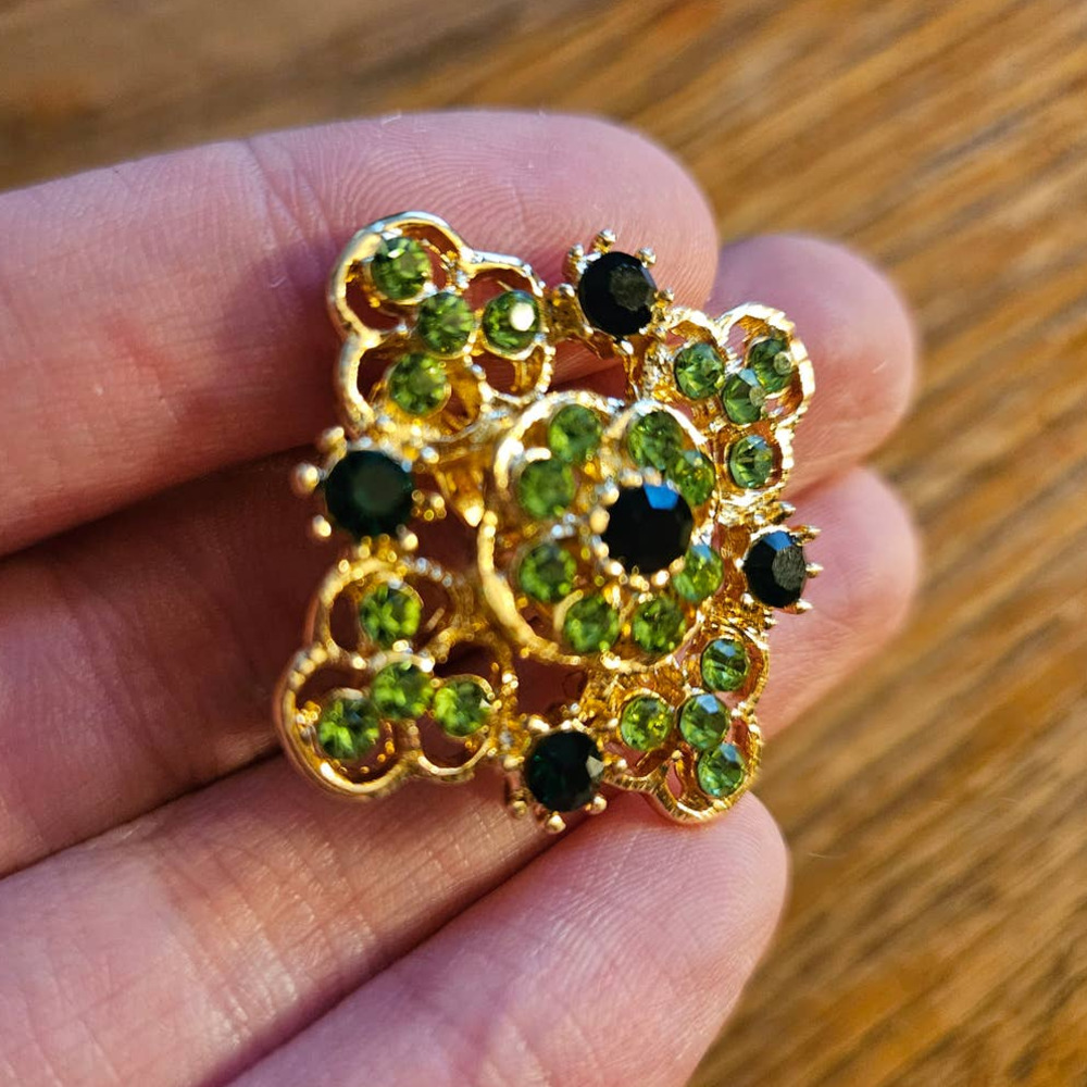 Beautiful Retro Style Light & Dark Green Rhinestone Encrusted Gold-Tone Brooch